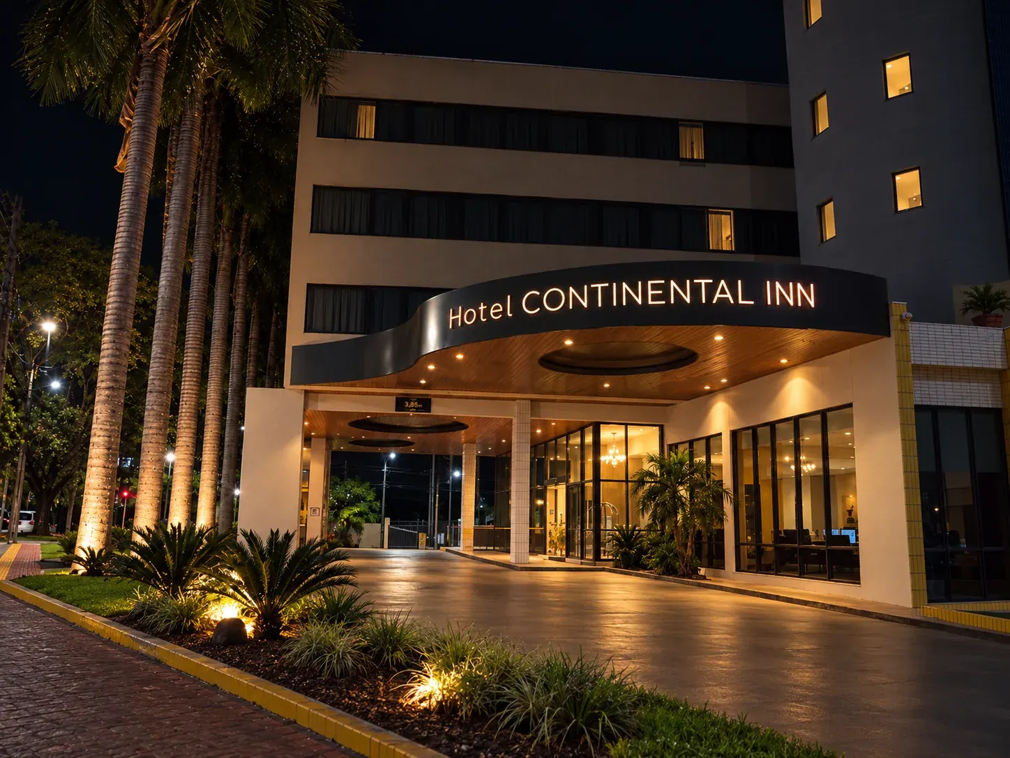Fachada noturna do Continental Inn